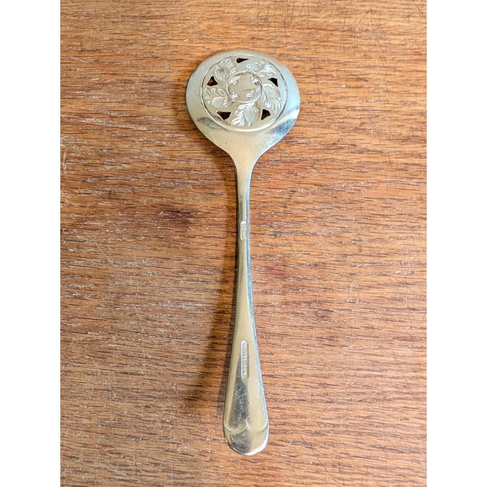 Vintage Leonard Silver Plated Pierced Olive Spoon Ornate Floral Made in Italy